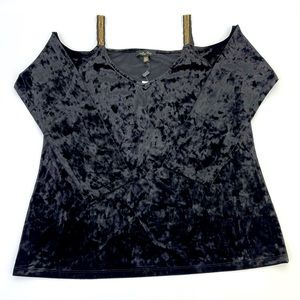 Melissa Paige XL Black Velvet Cold Shoulder Top Blouse Beaded Strap Stretch